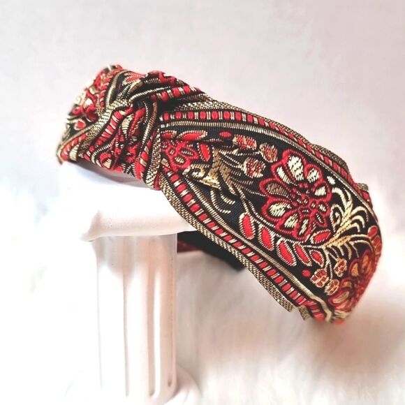 JEWELTONE JACQUARD SATIN FABRIC top knot red gold black headband - Picture 1 of 9